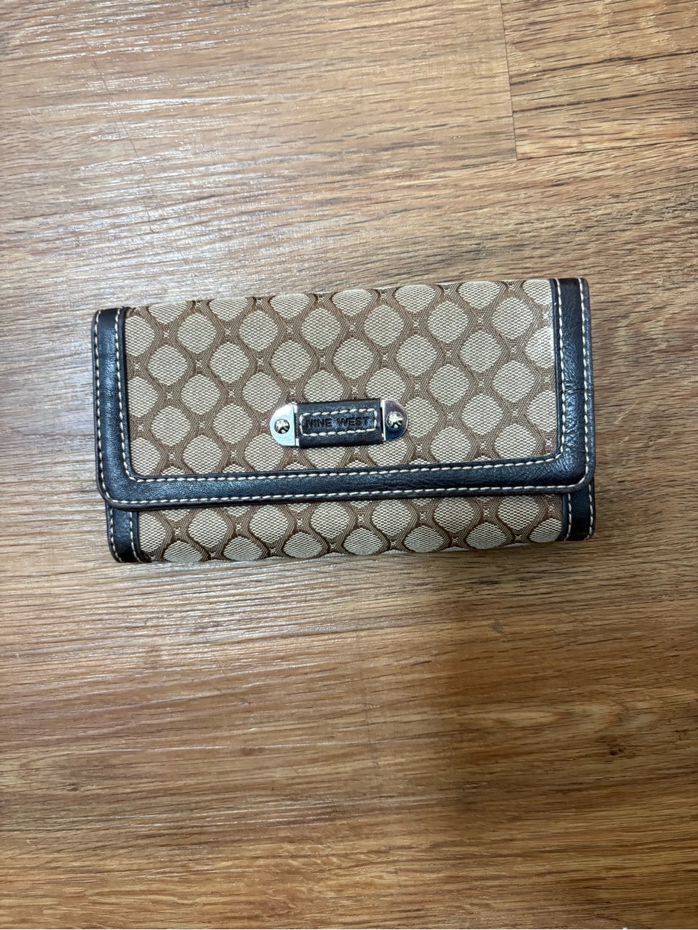 Nine West Brown Monogram Checkbook Wallet Clutch Organizer Snap Closure Zip Coin - Picture 2 of 5